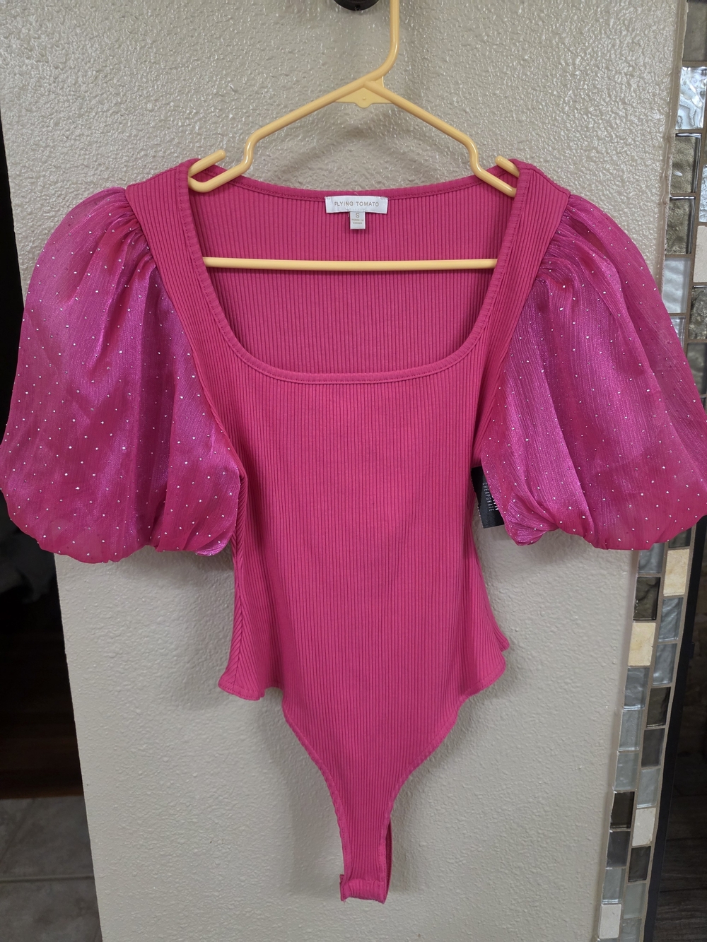Flying Tomato Hot Pink Puff-Sleeve Ribbed Bodysuit